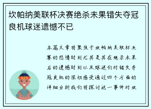 坎帕纳美联杯决赛绝杀未果错失夺冠良机球迷遗憾不已